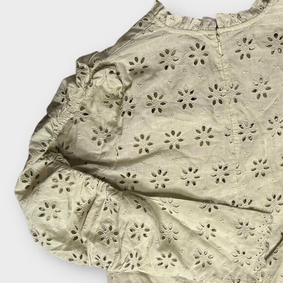 BY TIMO NEW GREEN RUFFLED RUCHING BLOUSE BOHO EYELET EMBROIDERY LONG SLEEVE XL - Picture 3 of 9